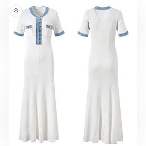 Elegant White and Blue Trim Dress